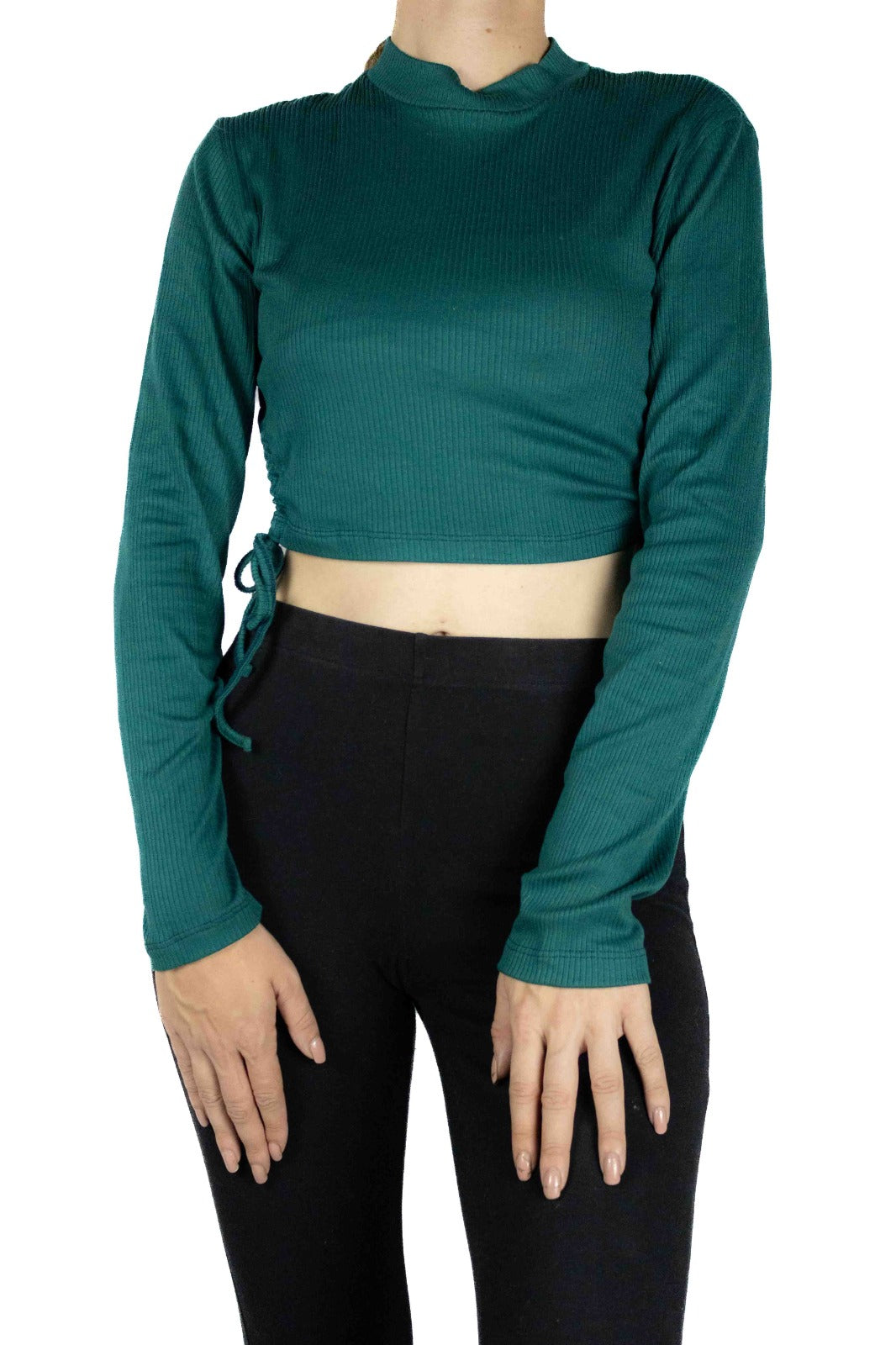 Women's Forest Green Side Tie Ribbed Crop