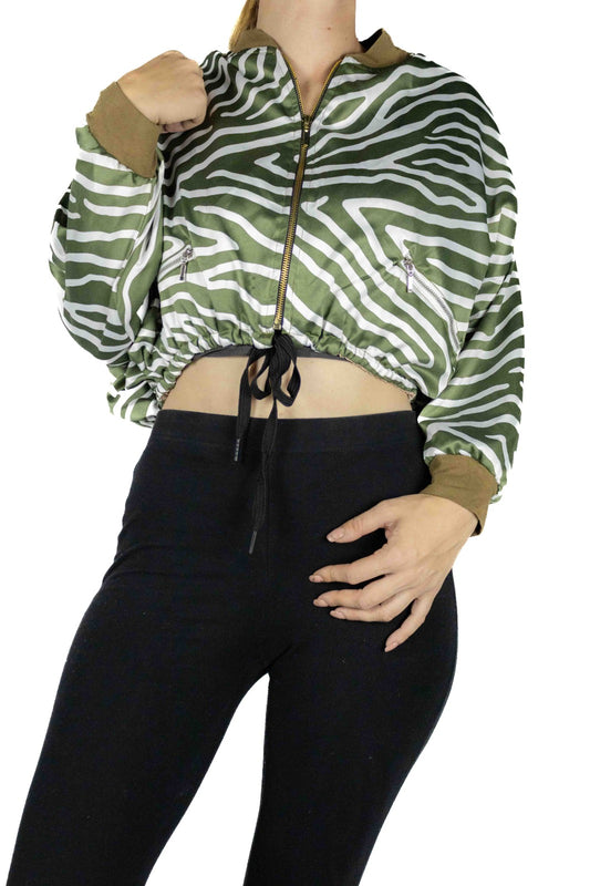 Women's Silk Crop Green Bomber Jacket