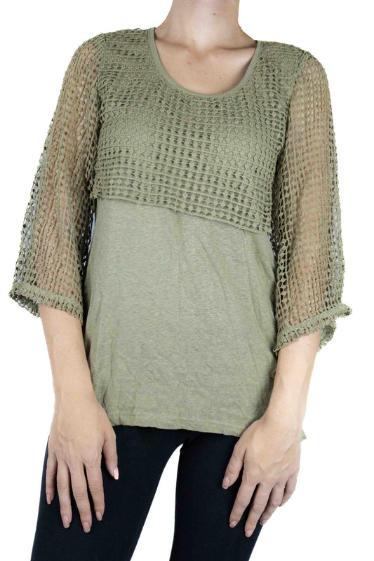 Women's Autumn Essential Olive Green Crochet Top